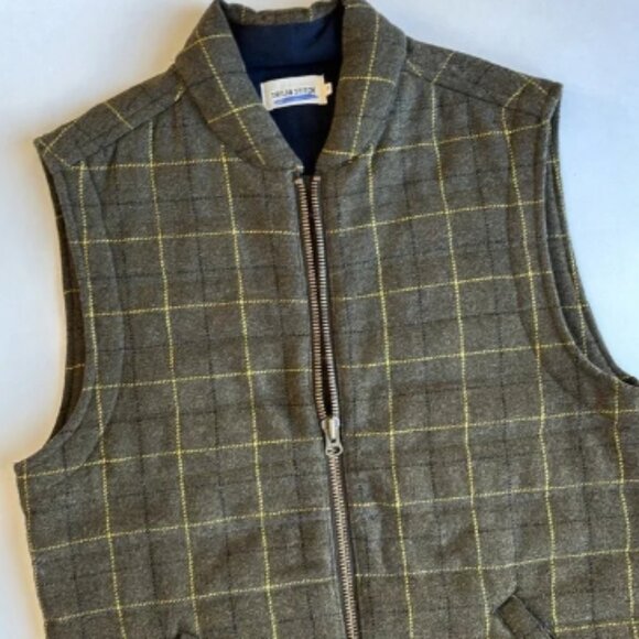 Rare Taylor Stitch Vertical Olive Green Plaid Wool Quilted Full Zip Vest Mens 38 - Picture 2 of 10